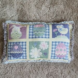 Easter Themed Decorative Pillow with Fringe Edge Pastel Holiday Vintage Tapestry